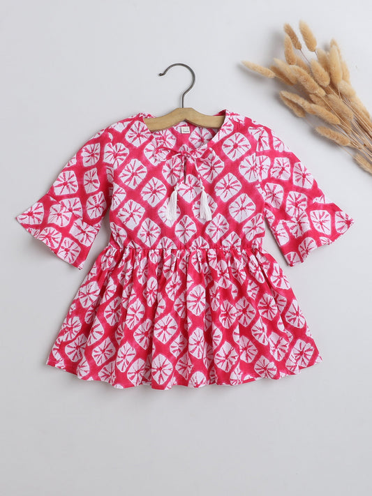 Cotton Three Fouth Sleeves Gathered Blocks Printed Top with Tassels -Fuchsia