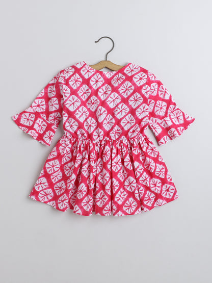 Cotton Three Fouth Sleeves Gathered Blocks Printed Top with Tassels -Fuchsia