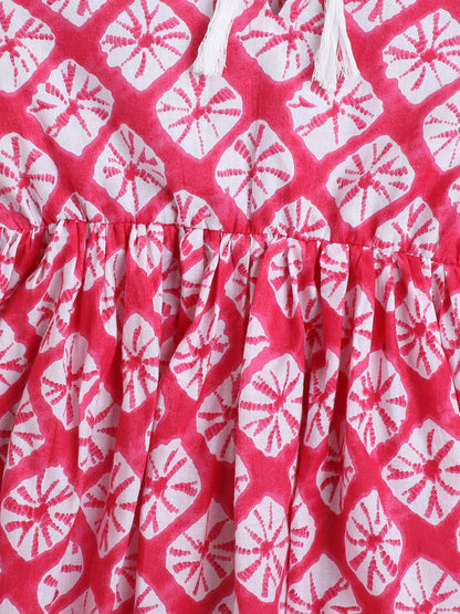 Cotton Three Fouth Sleeves Gathered Blocks Printed Top with Tassels -Fuchsia