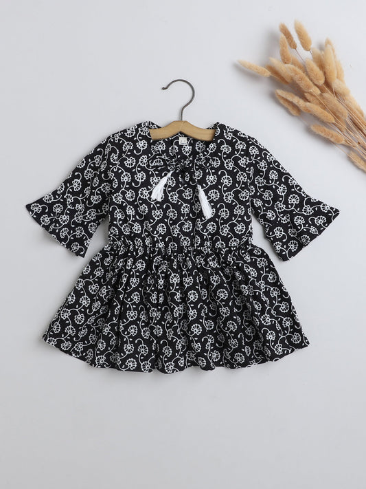 Three Fourth Sleeves Gathered Floral Printed Round Neck Top with Tassel -Black
