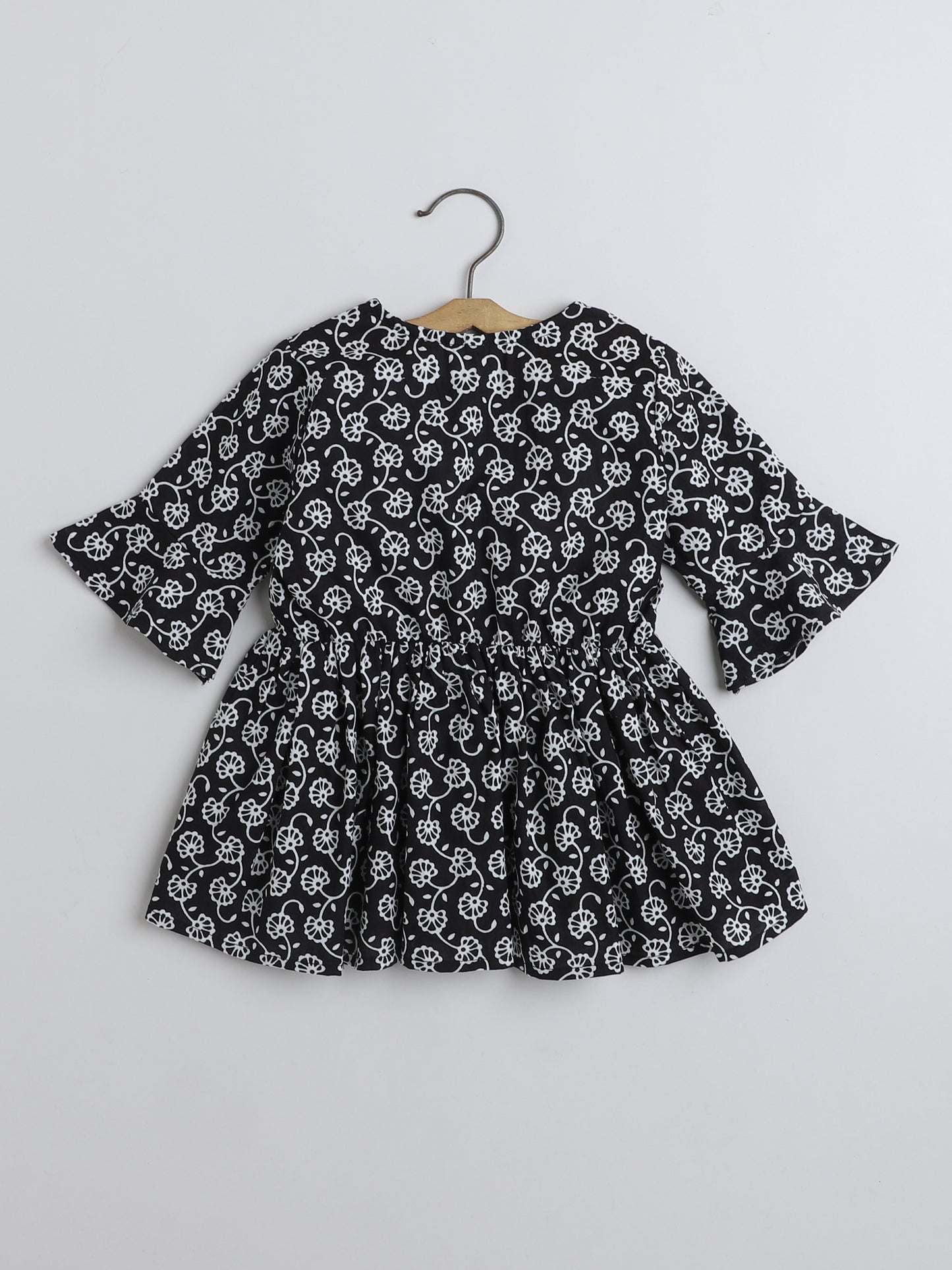 Three Fourth Sleeves Gathered Floral Printed Round Neck Top with Tassel -Black