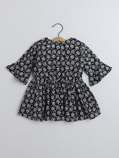 Three Fourth Sleeves Gathered Floral Printed Round Neck Top with Tassel -Black