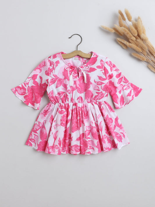 Three Fourth Sleeves Gathered Floral Printed Round Neck Top with Tassel -Pink