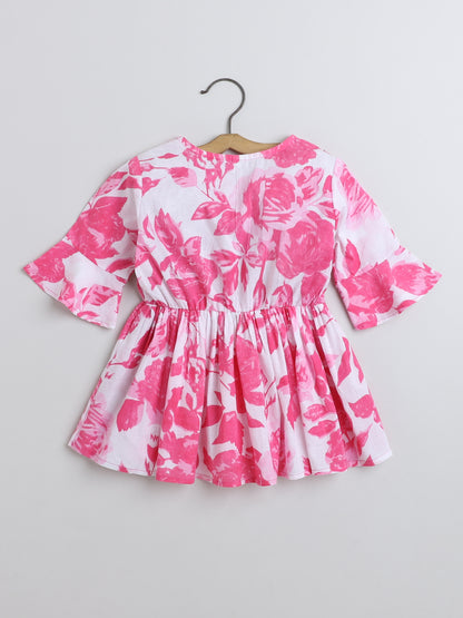 Three Fourth Sleeves Gathered Floral Printed Round Neck Top with Tassel -Pink