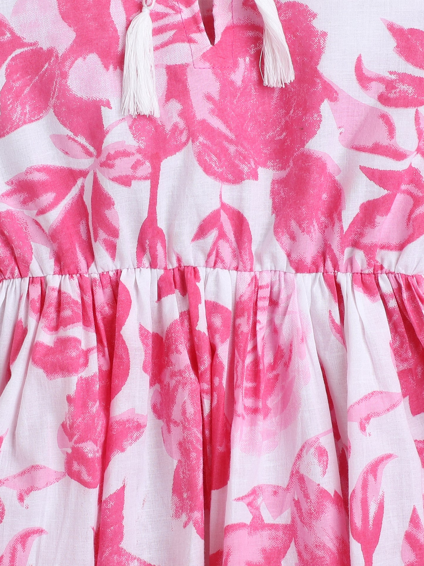 Three Fourth Sleeves Gathered Floral Printed Round Neck Top with Tassel -Pink