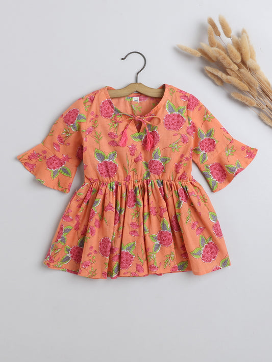Three Fouth Sleeves Gathered Floral Printed Round Neck Top With Tassels For Girls-Peach