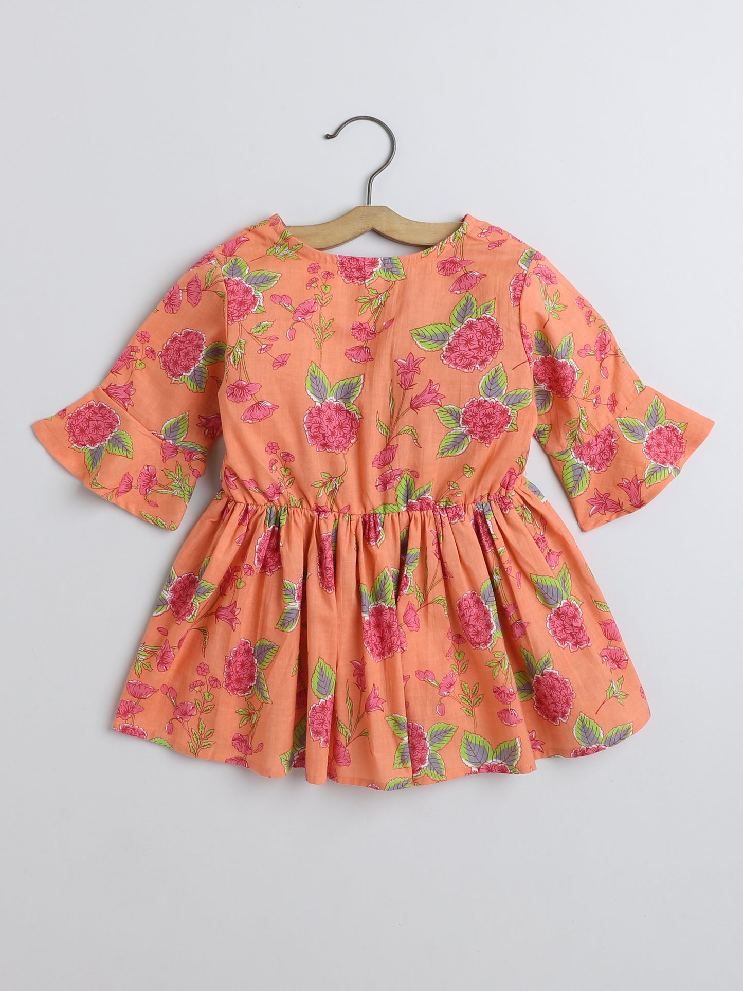 Three Fouth Sleeves Gathered Floral Printed Round Neck Top With Tassels For Girls-Peach