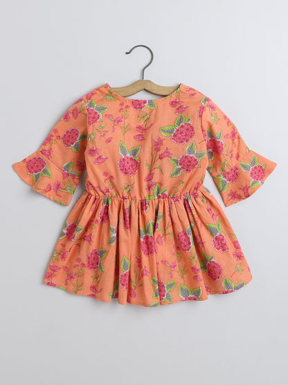 Three Fouth Sleeves Gathered Floral Printed Round Neck Top With Tassels For Girls-Peach