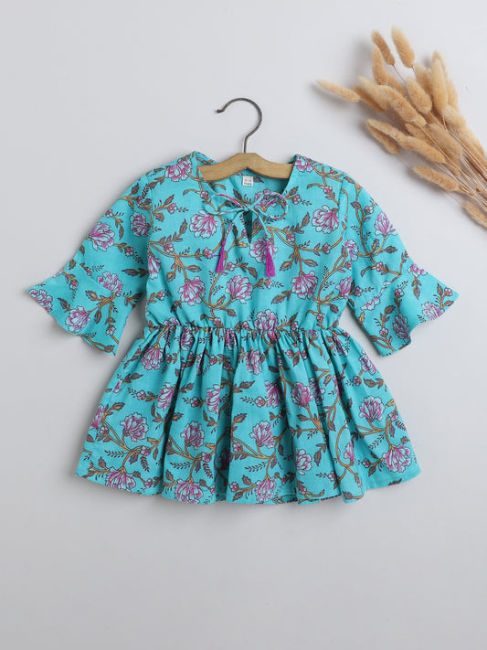 Three Fouth Sleeves Gathered Floral Printed Round Neck Top With Tassels For Girls -Teal Blue