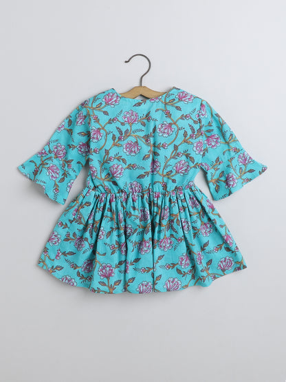 Three Fouth Sleeves Gathered Floral Printed Round Neck Top With Tassels For Girls -Teal Blue