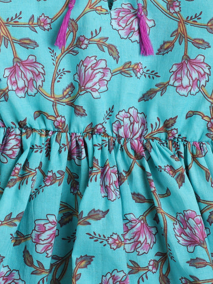 Three Fouth Sleeves Gathered Floral Printed Round Neck Top With Tassels For Girls -Teal Blue