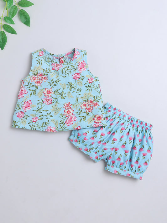 Sleeveless Floral Top and Shorts Night Wear Lounge Wear Set Blue