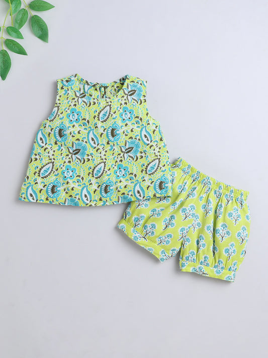Sleeveless Floral Top and Shorts Night Wear Lounge Wear Set Green