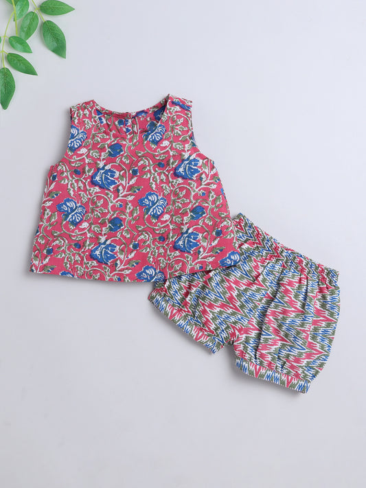 Sleeveless Floral Top and Shorts Night Wear Lounge Wear Set Peach