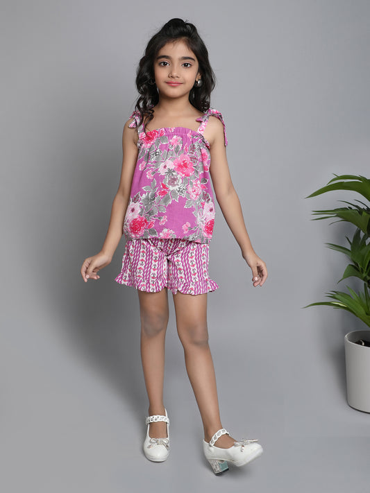 Floral Printed Shoulder Straps Singlet Tie Up Knot Top And Shorts Set-Purple