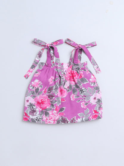 Floral Printed Shoulder Straps Singlet Tie Up Knot Top And Shorts Set-Purple