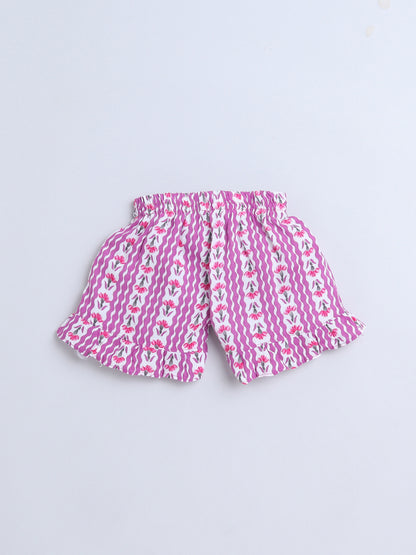 Floral Printed Shoulder Straps Singlet Tie Up Knot Top And Shorts Set-Purple