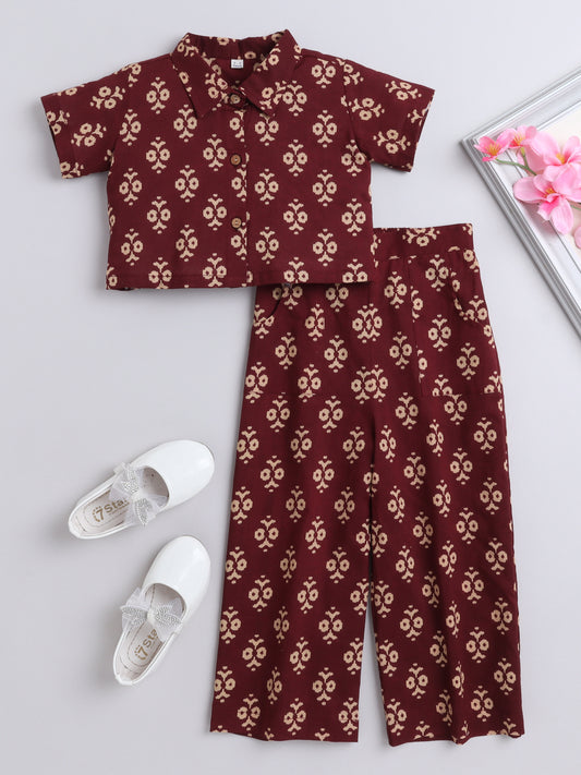 Sustainable Cotton Floral Printed Short Sleeves With Collar Co-ord Sets -Maroon