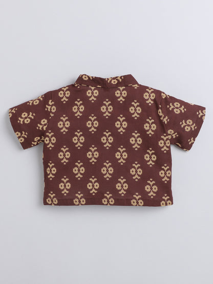 Sustainable Cotton Floral Printed Short Sleeves With Collar Co-ord Sets -Maroon