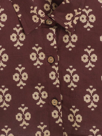 Sustainable Cotton Floral Printed Short Sleeves With Collar Co-ord Sets -Maroon