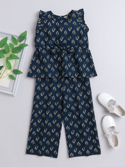 Sustainable Cotton Round Neck Floral Print Frill Sleeves Co ord Sets With Adjustable Dori Around the Waist Teal