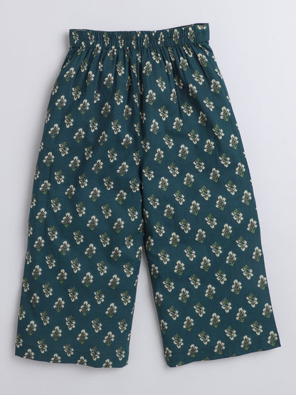 Sustainable Cotton Round Neck Floral Print Frill Sleeves Co ord Sets With Adjustable Dori Around the Waist Teal