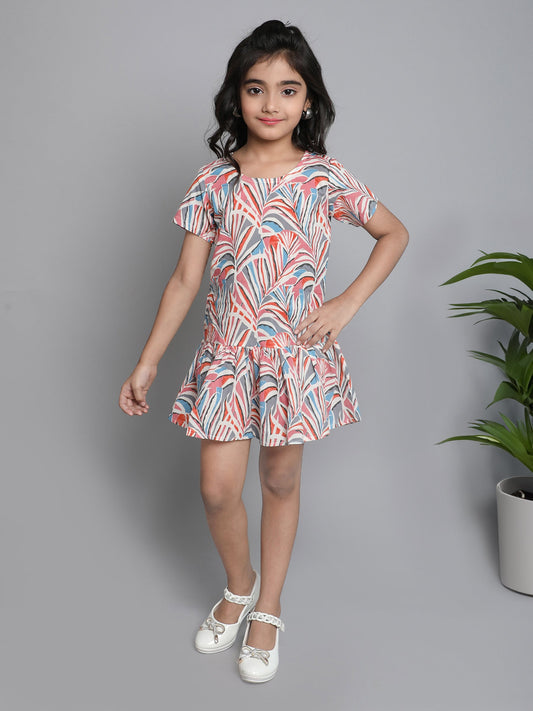 Cotton Half Sleeves Leaves Printed Dress - Pink