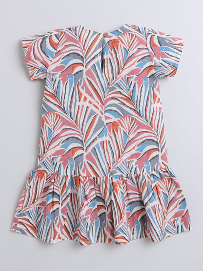Cotton Half Sleeves Leaves Printed Dress - Pink