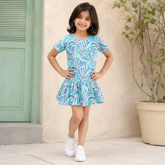 Cotton Round Neck Leaf Printed Short Sleeves Frill Detailed Dress-Turquoise