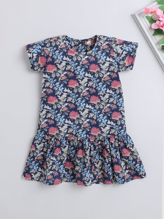 Cotton Half Sleeves Floral Printed Dress - Navy Blue