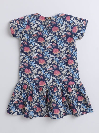 Cotton Half Sleeves Floral Printed Dress - Navy Blue