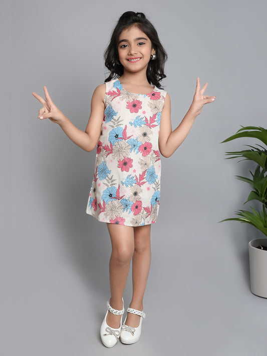 Sustainable Cotton Dress Round Neck Floral Print Sleeveless A-Line Dress- Pink
