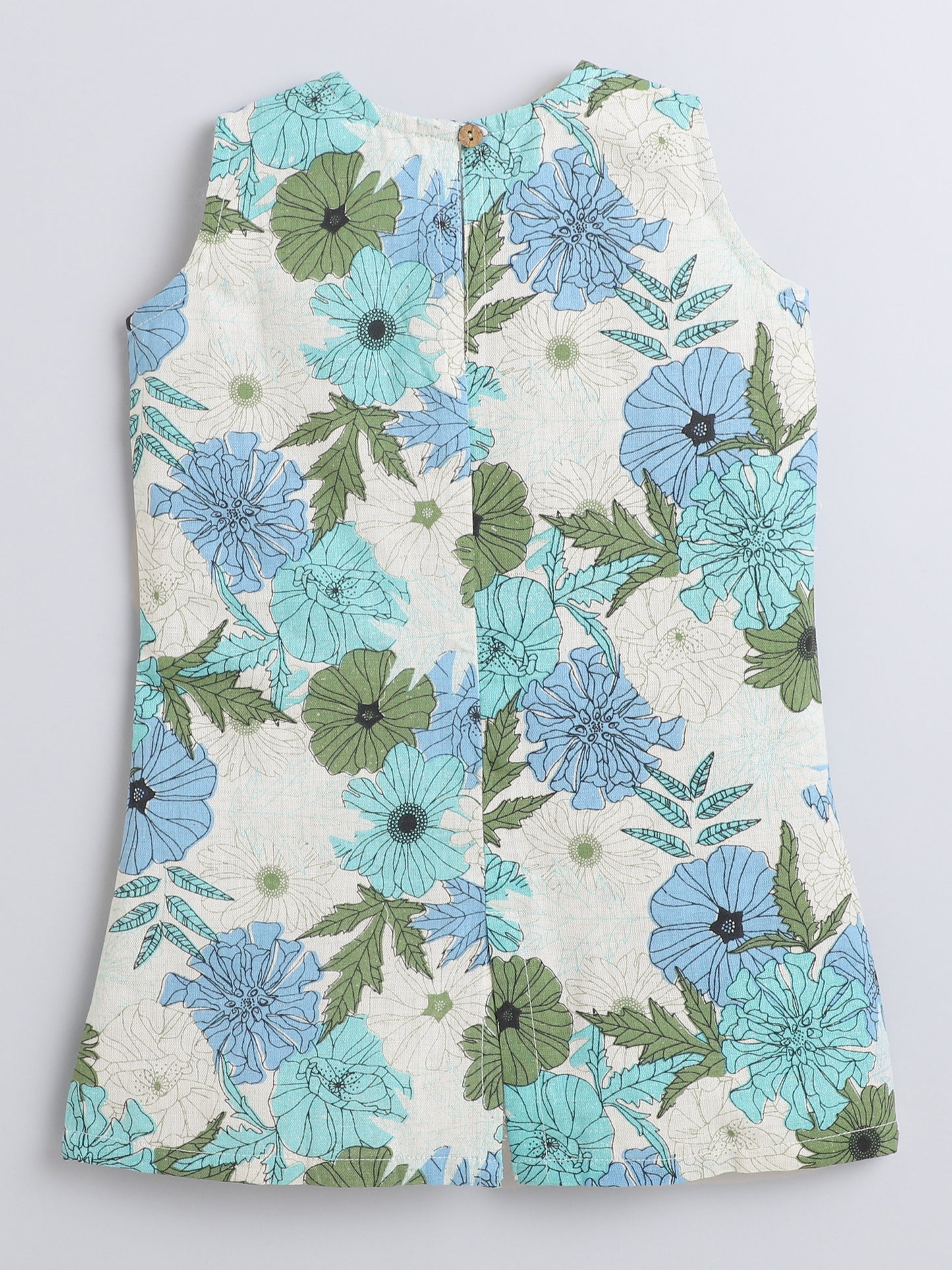 Sustainable Cotton Round Neck Floral Print Sleeveless A-Line Dress- Green
