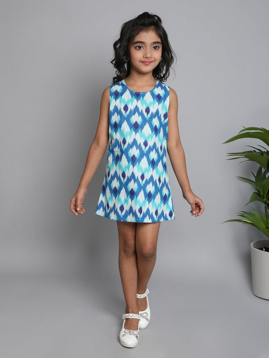 Cotton Sleeveless Ikat Motif Printed A Line Dress - Blue