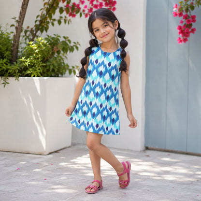 Ikat Motif Printed Cotton Sleeveless A- Line Dress - Blue
