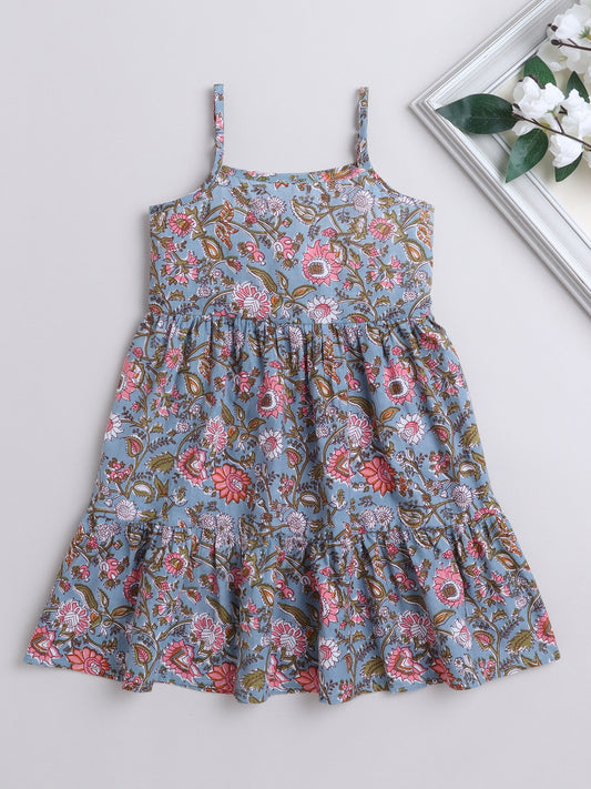 Singlet Floral Printed Cotton Sustainable Sleeveless Strappy Tiered Dress-Grey
