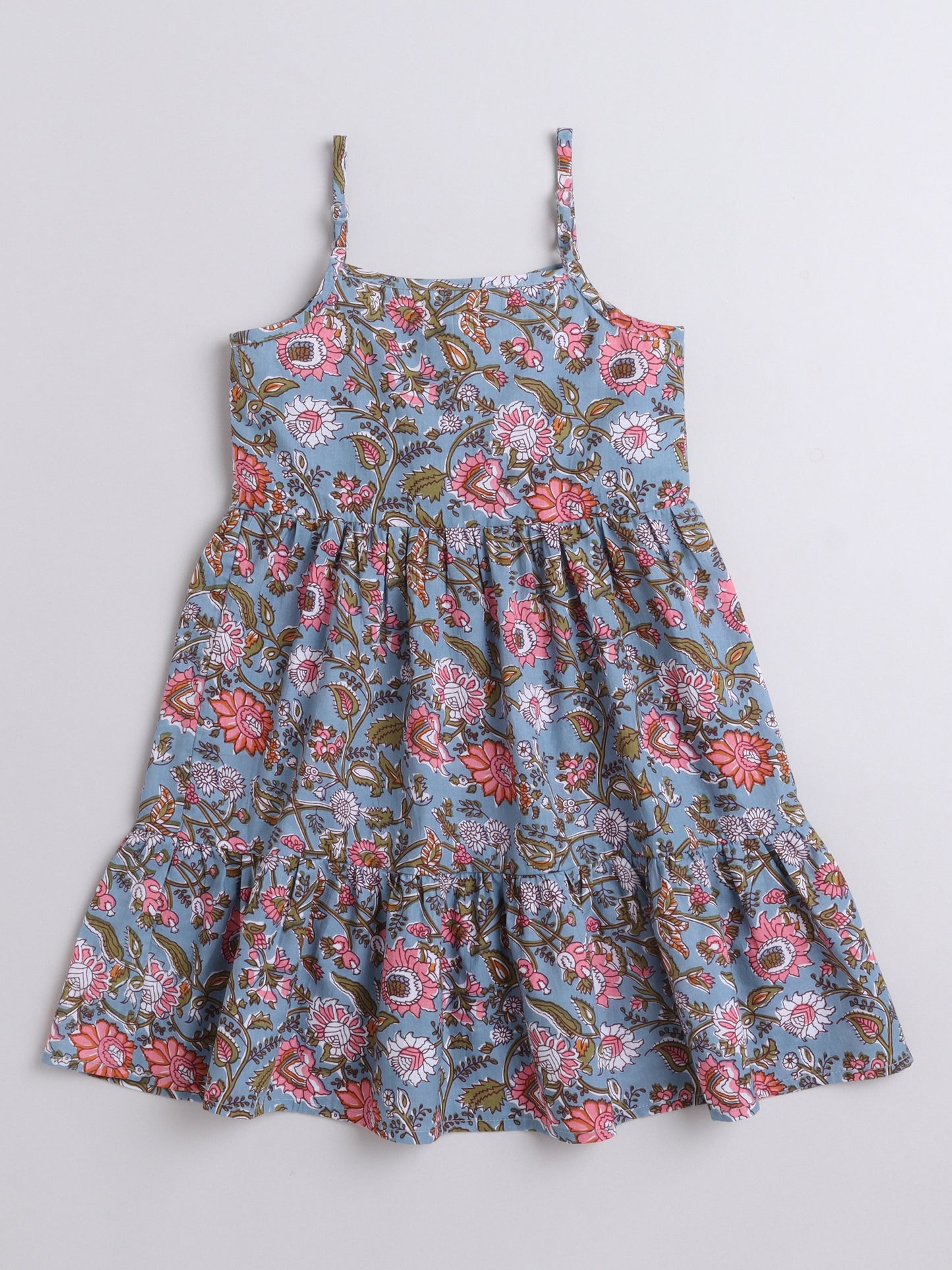 Singlet Floral Printed Cotton Sustainable Sleeveless Strappy Tiered Dress-Grey