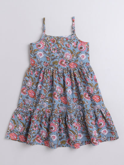 Singlet Floral Printed Cotton Sustainable Sleeveless Strappy Tiered Dress-Grey