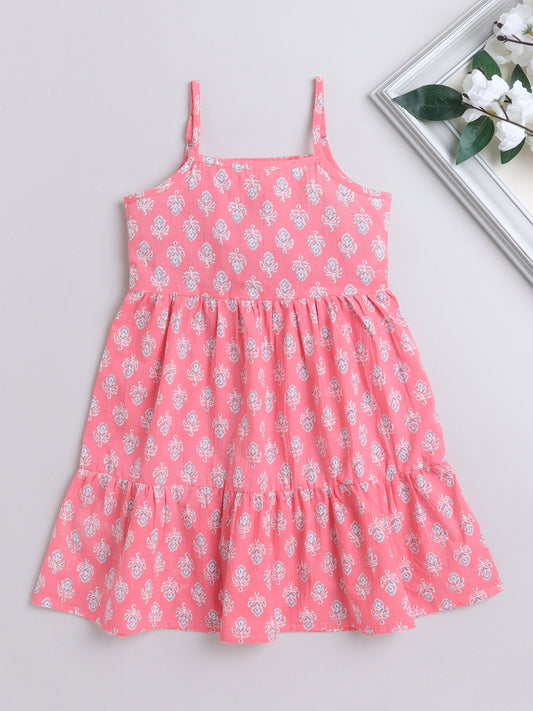 The Magic Wand Singlet Floral Printed Cotton Sustainable Sleeveless Strappy Tiered Dress Pink