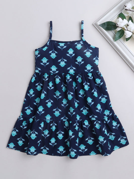 Sleeveless Floral Motif Printed Tiered Fit & Flare Cotton Dress - Navy Blue