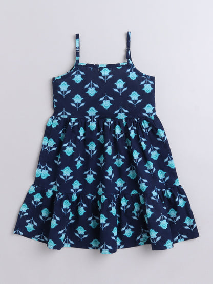 Sleeveless Floral Motif Printed Tiered Fit & Flare Cotton Dress - Navy Blue