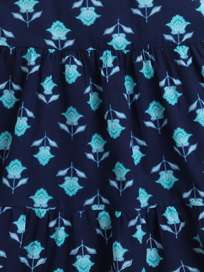 Sleeveless Floral Motif Printed Tiered Fit & Flare Cotton Dress - Navy Blue