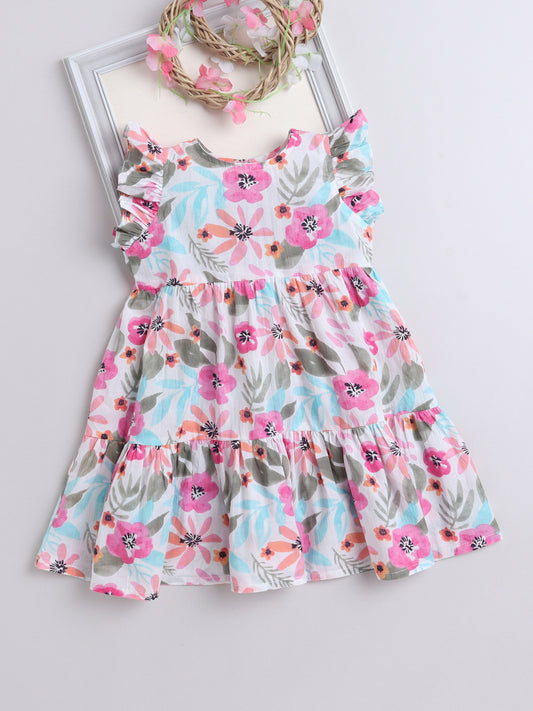 Cotton Frill Sleeves Floral Printed Fit & Flare Dress-White