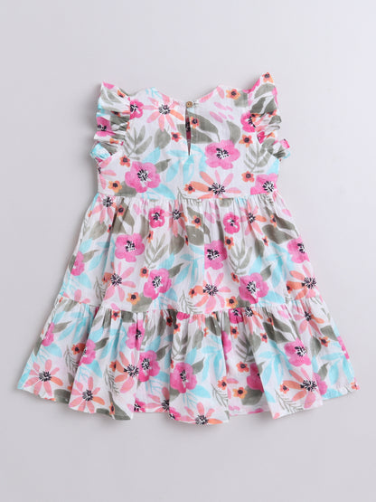 Cotton Frill Sleeves Floral Printed Fit & Flare Dress-White