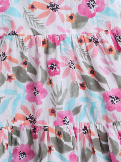 Cotton Frill Sleeves Floral Printed Fit & Flare Dress-White