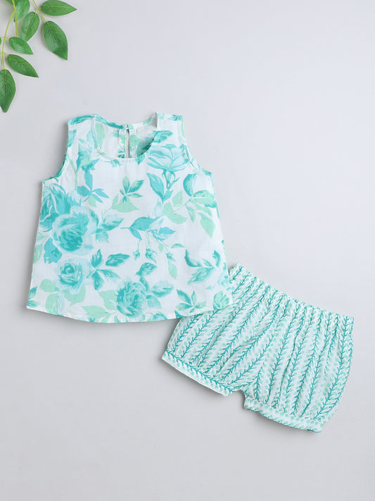 Cotton Leaves Printed Sleeveless Top and Shorts Night Wear Lounge Wear Set Aqua