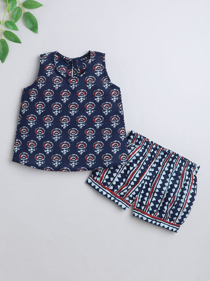 Cotton Floral Printed Sleeveless Top and Shorts Night Wear Lounge Wear Set Navy Blue