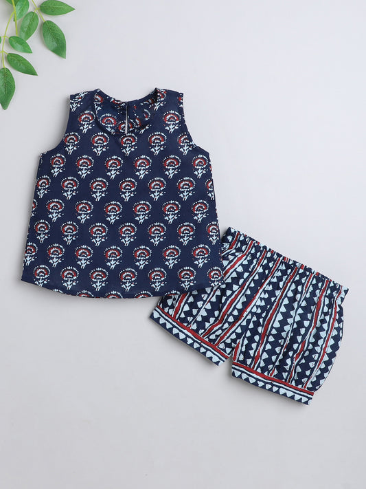 Cotton Floral Printed Sleeveless Top and Shorts Night Wear Lounge Wear Set Navy Blue
