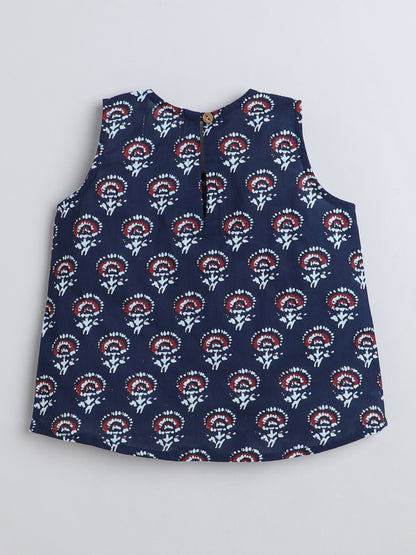 Cotton Floral Printed Sleeveless Top and Shorts Night Wear Lounge Wear Set Navy Blue