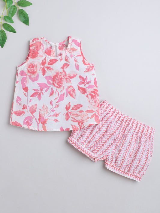 Cotton Leaves Printed Sleeveless Top and Shorts Night Wear Lounge Wear Set Pink